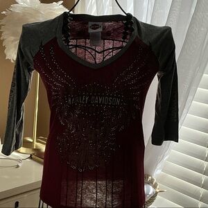 Harley-Davidson Women's Burgundy and Gray Rhinestone Raglan V-Neck Top